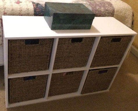 My storage-cube dresser. Excuse the wonkiness. I had to shoot this from an odd angle, and the bedroom is small.