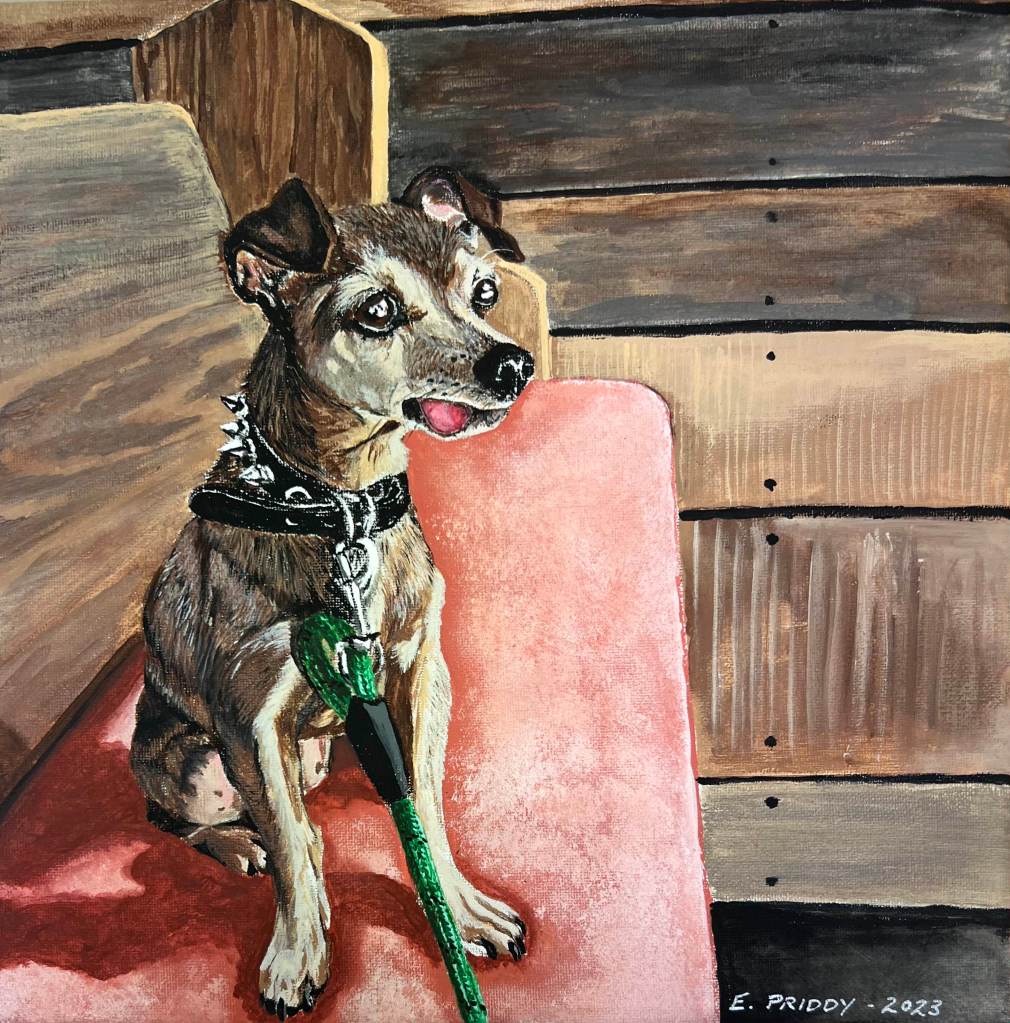 Detailed painting of a small brown Chihuahua mix sitting on a wooden church pew with coral-colored upholstery. The dog, wearing a spiked black leather collar and a green braided leash, is gazing at something outside the frame.